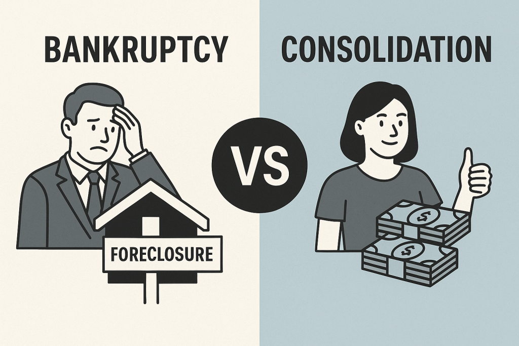 Illustration of man facing foreclosure for bankruptcy vs woman giving thumbs up for debt consolidation.