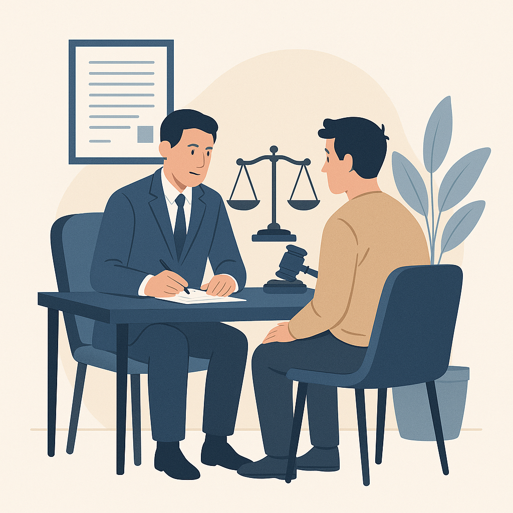Illustration of a lawyer and client seated across a desk, discussing legal matters. Legal symbols like a gavel and scales of justice are in the background.