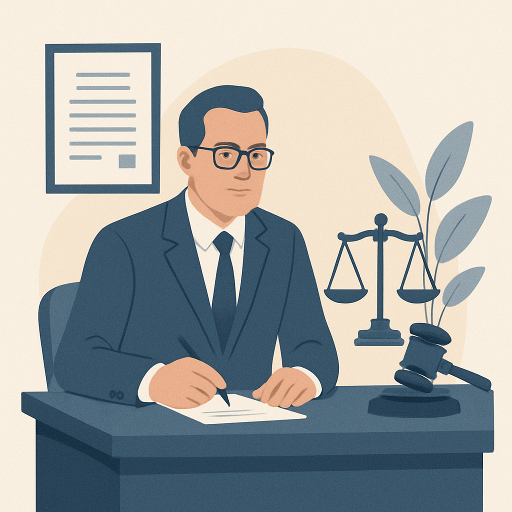 Minimalist illustration of a serious-looking male attorney in a suit, writing at his desk with a gavel and scales of justice beside him, framed by a potted plant and wall art.