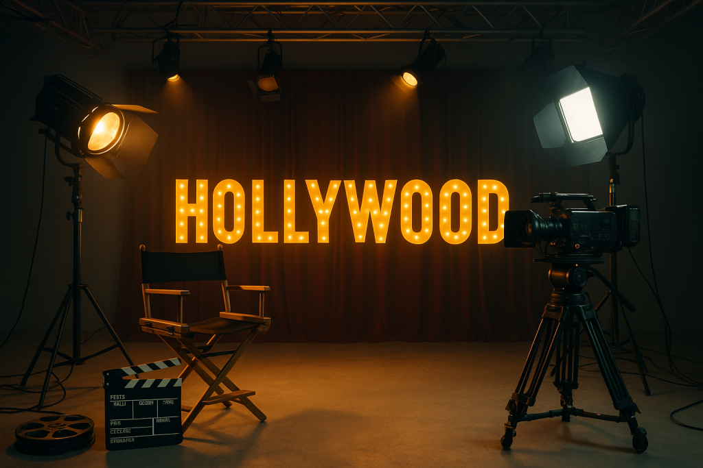 Hollywood-themed TV set with a glowing marquee sign, director’s chair, clapperboard, film reel, and professional studio lights and camera.