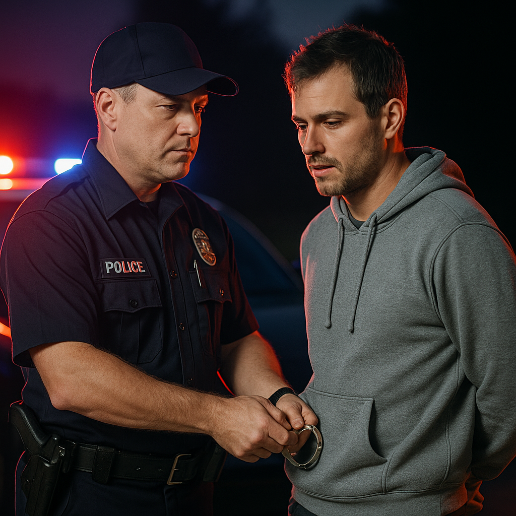 A police officer speaks to a detained young man outside a Chicago courthouse at night, lit by flashing red and blue lights from a patrol car.