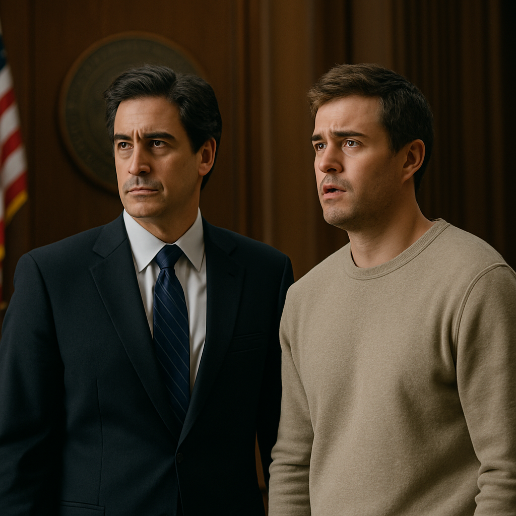 A young man stands beside his attorney in front of a judge during a courtroom hearing, expressing tension and seriousness.