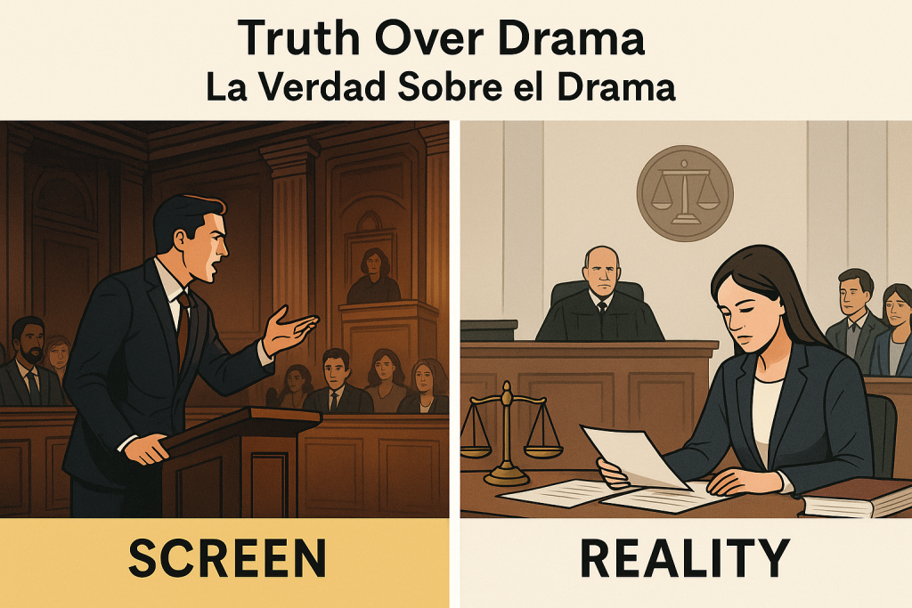 llustration showing a dramatic TV courtroom scene on one side and a realistic courtroom with a lawyer reviewing documents on the other, highlighting the contrast between screen fiction and real legal practice.