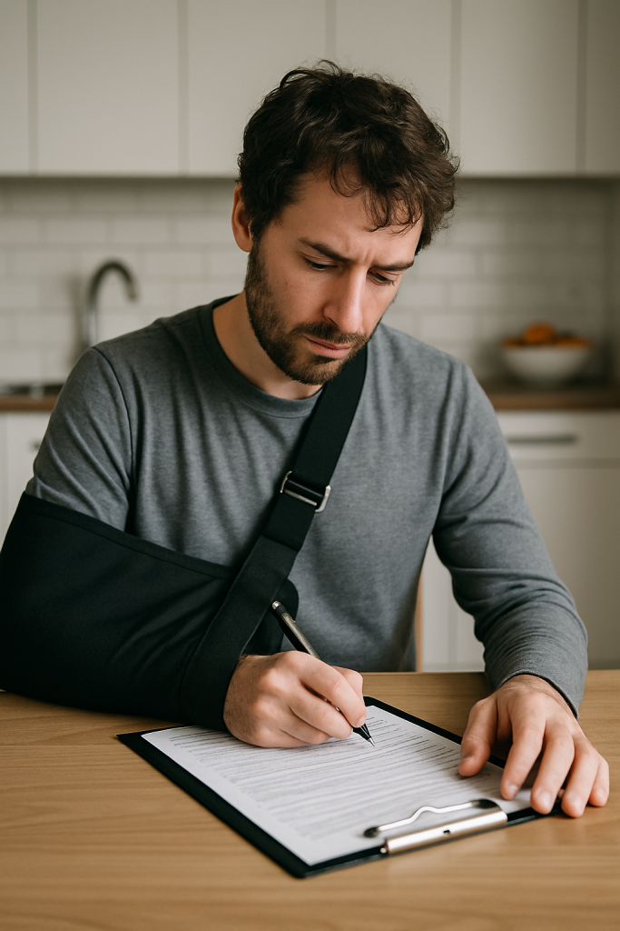 Injured man with arm sling filling out a form at kitchen table.