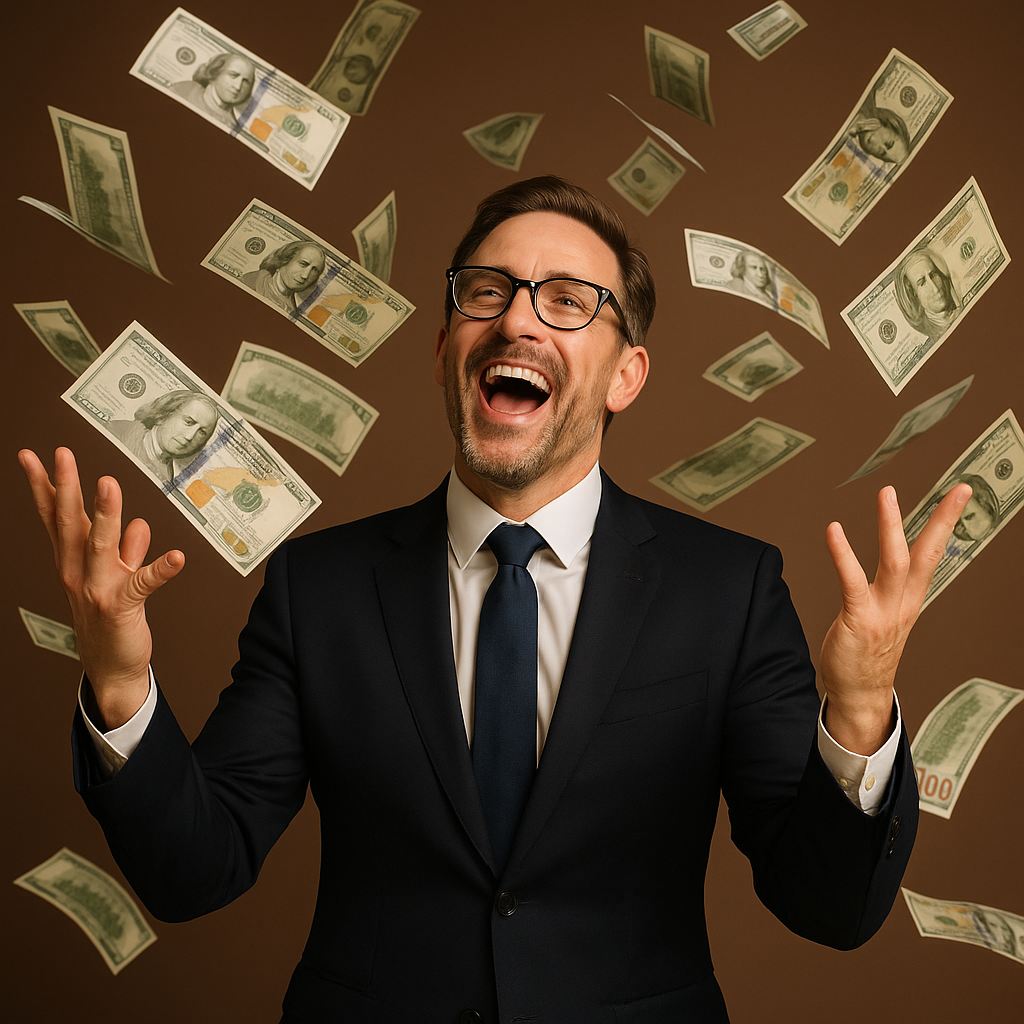 Lawyer in a suit joyfully throwing hundred-dollar bills in the air, symbolizing wealth, success, and financial extravagance.