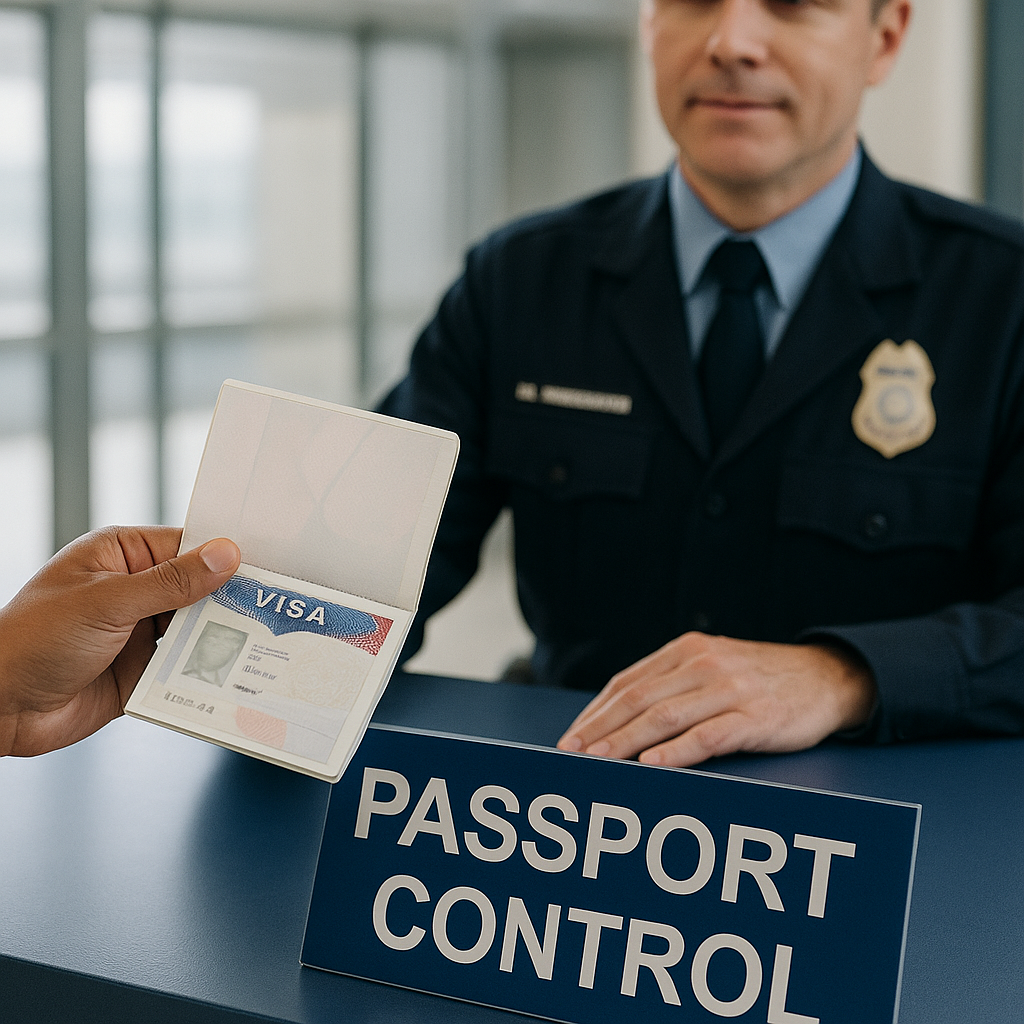 Traveler handing a passport with U.S. visa to an immigration officer at a passport control desk.