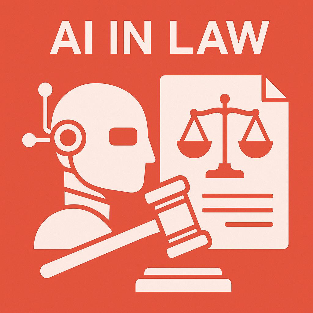 AI in Law illustration on a red background with a white robot head, gavel, and legal document featuring justice scales.