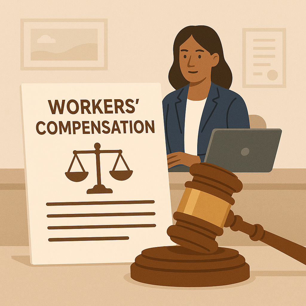 Lawyer at desk with workers’ compensation paperwork and gavel.