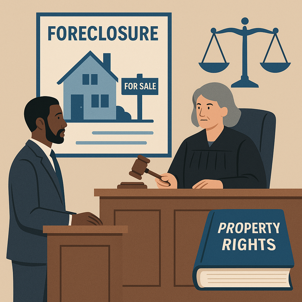 Courtroom scene depicting a property foreclosure hearing in Illinois.