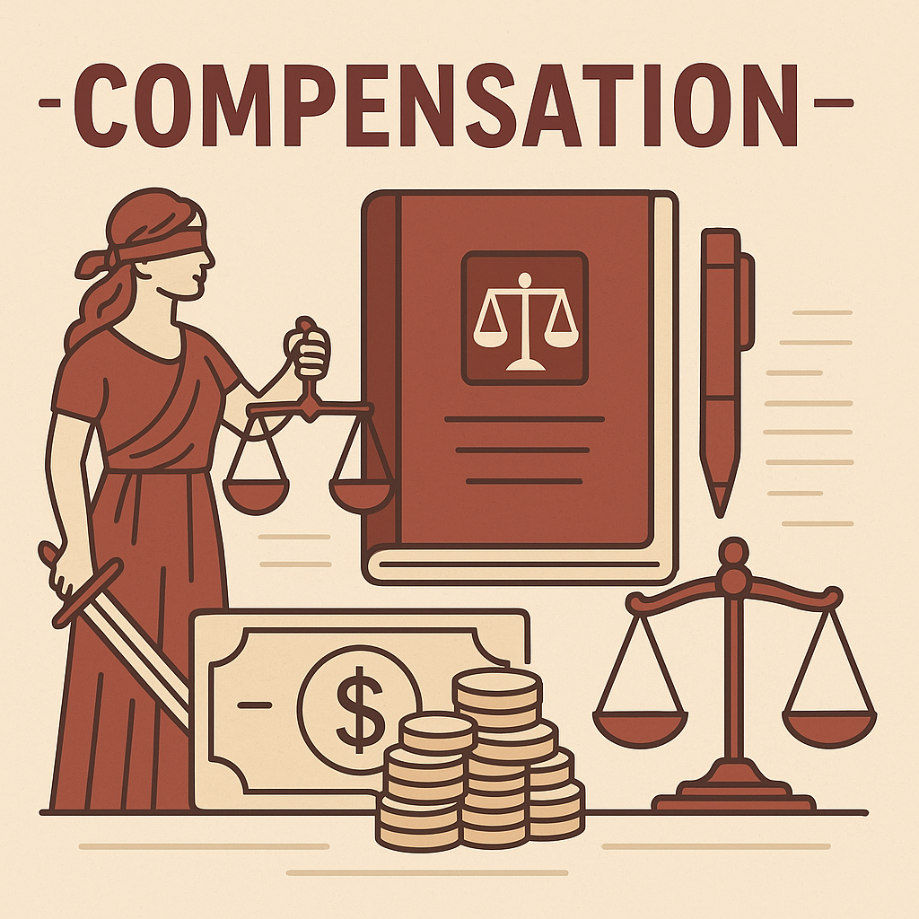 Compensation concept illustration showing a lawyer guiding an injured client through financial recovery / Compensación legal en Chicago con abogado y cliente.