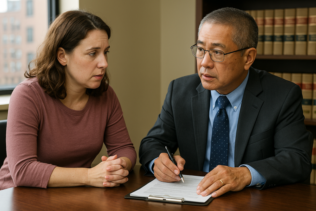 Immigration attorney consulting with a woman client in a Chicago law office.