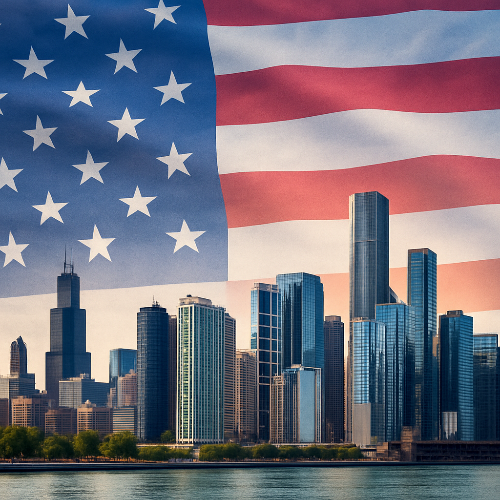 Chicago skyline with American flag overlay symbolizing immigration relief.