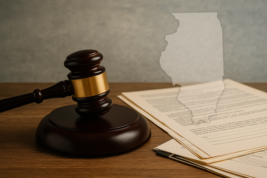 Judge’s gavel with workers’ compensation documents and Illinois map silhouette.