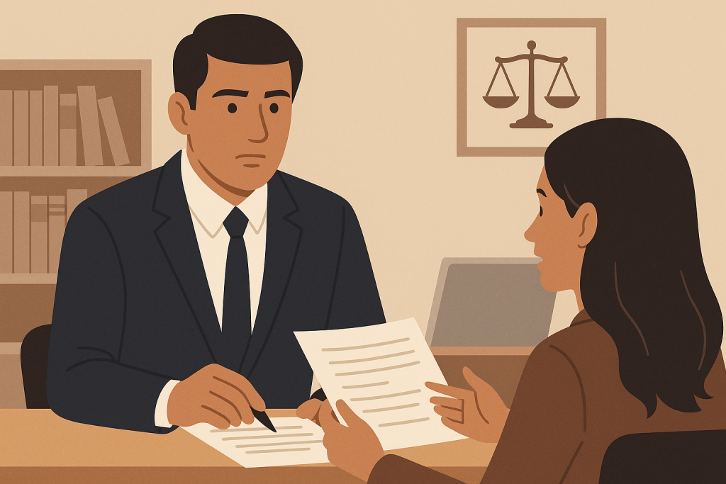 Hispanic attorney meeting with a woman client in a Chicago law office.