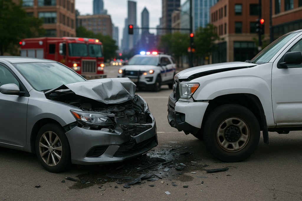 Car and truck accident in Chicago intersection