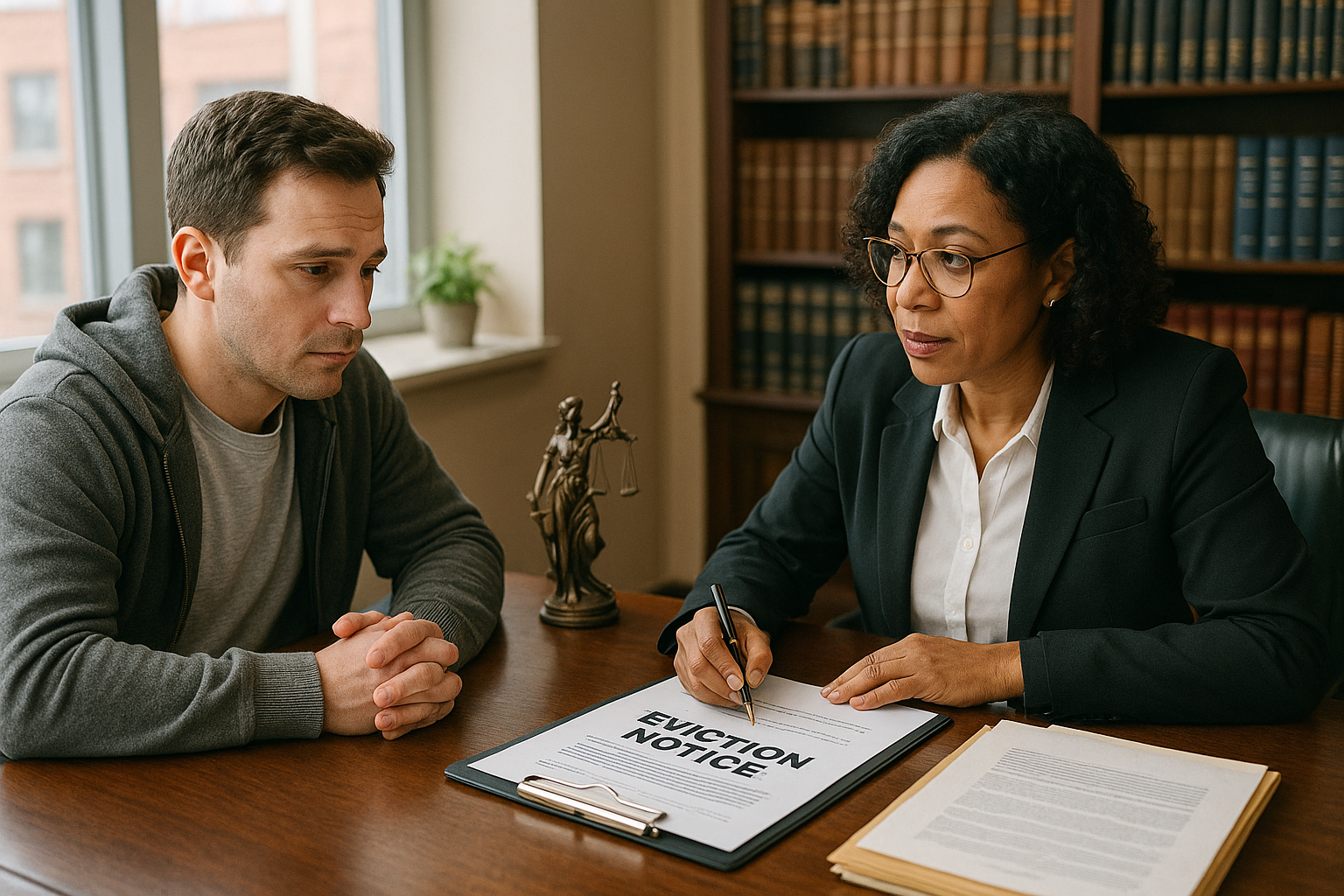 Tenant meeting with housing attorney in Chicago office.