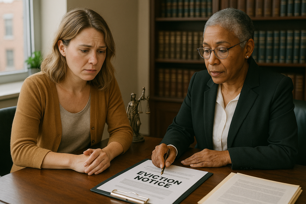 Image showing a Chicago tenant that meets with an attorney to discuss eviction defense.