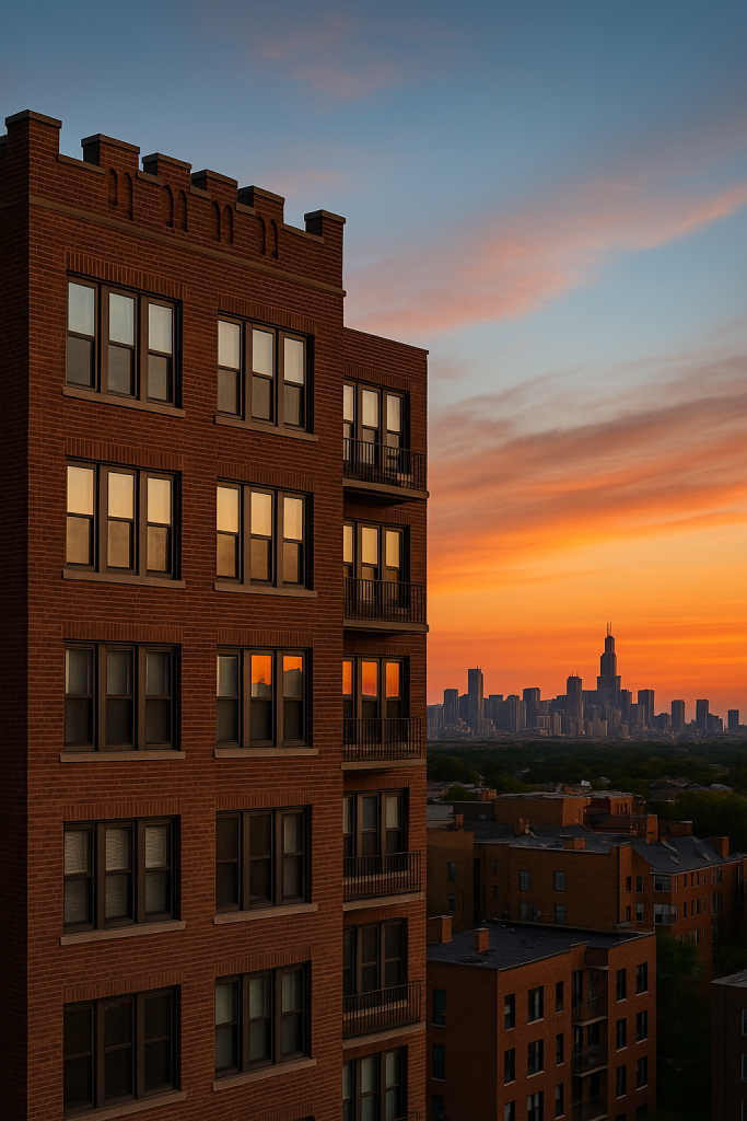 Apartment building in Chicago neighborhood at sunset.