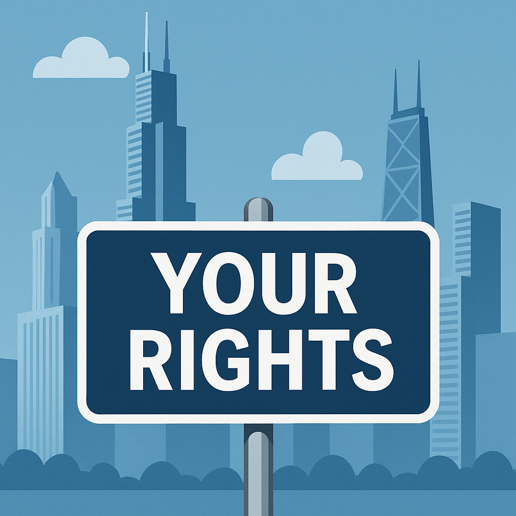 Chicago sign reading “Your Rights” with skyline in the background.