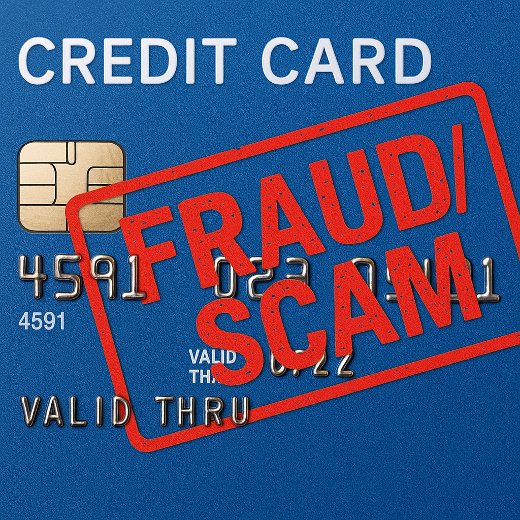 Consumer rights in Chicago - Close-up of a blue credit card with a red stamp reading “FRAUD / SCAM.”