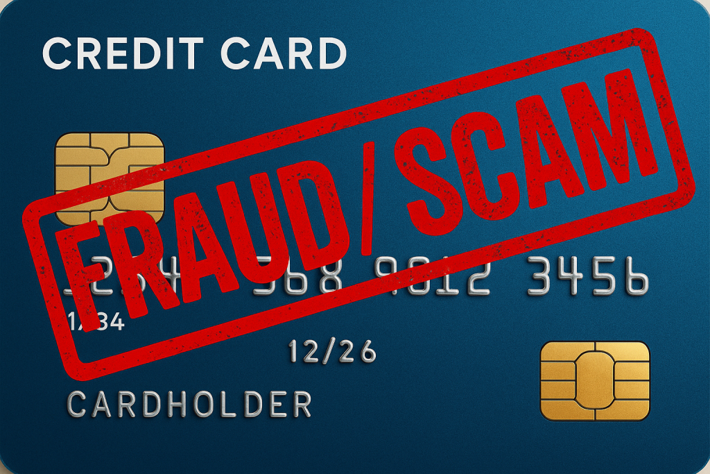 Consumer rights in Illinois - Credit card close-up image with a distressed red “FRAUD / SCAM” stamp representing financial crime awareness.