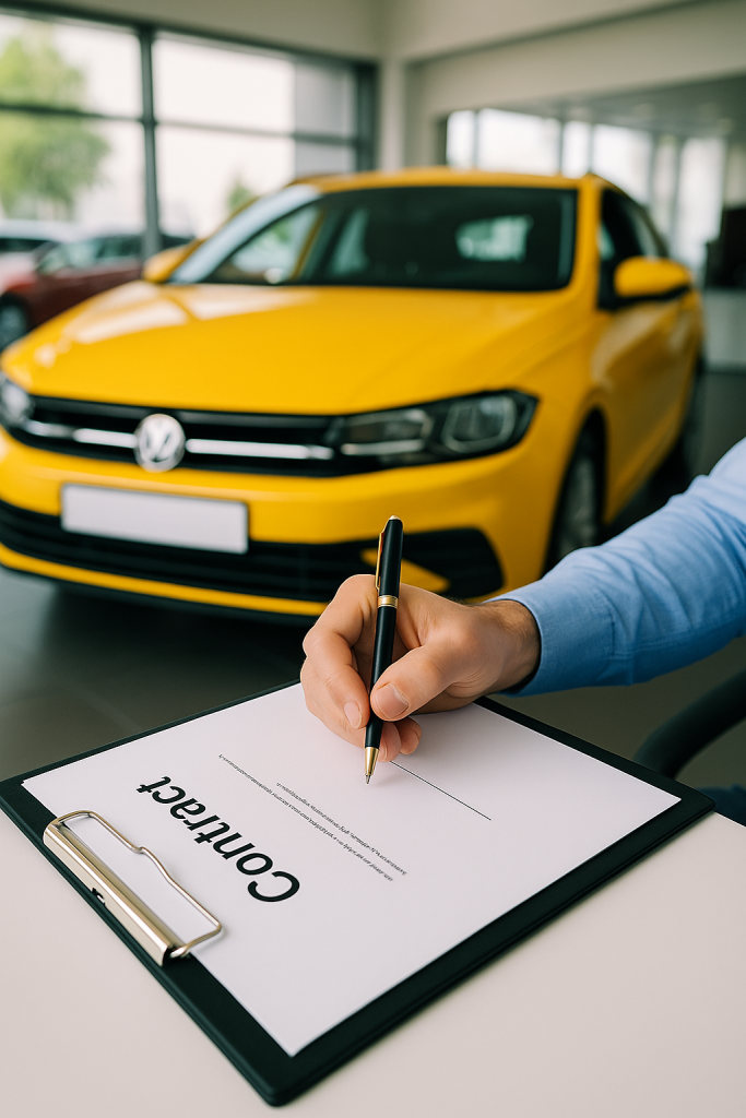 Consumer rights Illinois - Customer signing an auto purchase contract in a dealership office with a yellow car behind them.