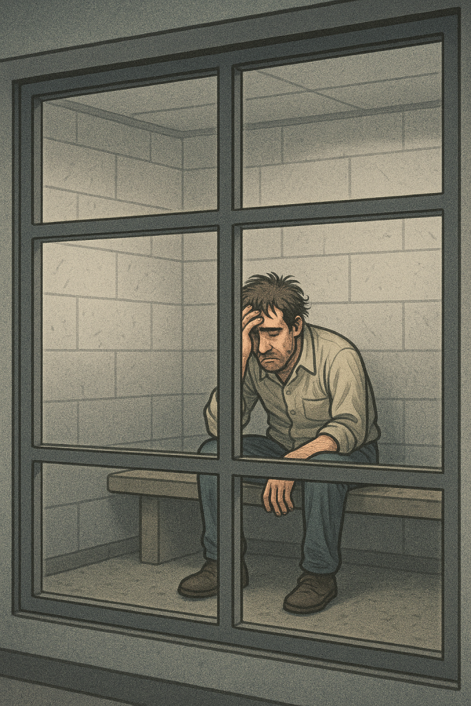 Intoxicated man sitting in a Chicago police holding cell behind plexiglass during a DUI arrest.