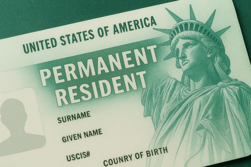 Close-up of the Statue of Liberty printed on a generic green card design, symbolizing U.S. immigration, residency applications, and lawful permanent status.