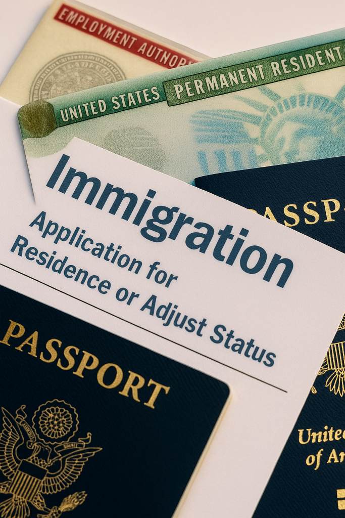 Immigration documents including a U.S. passport, green card, and adjustment of status form arranged on a desk.