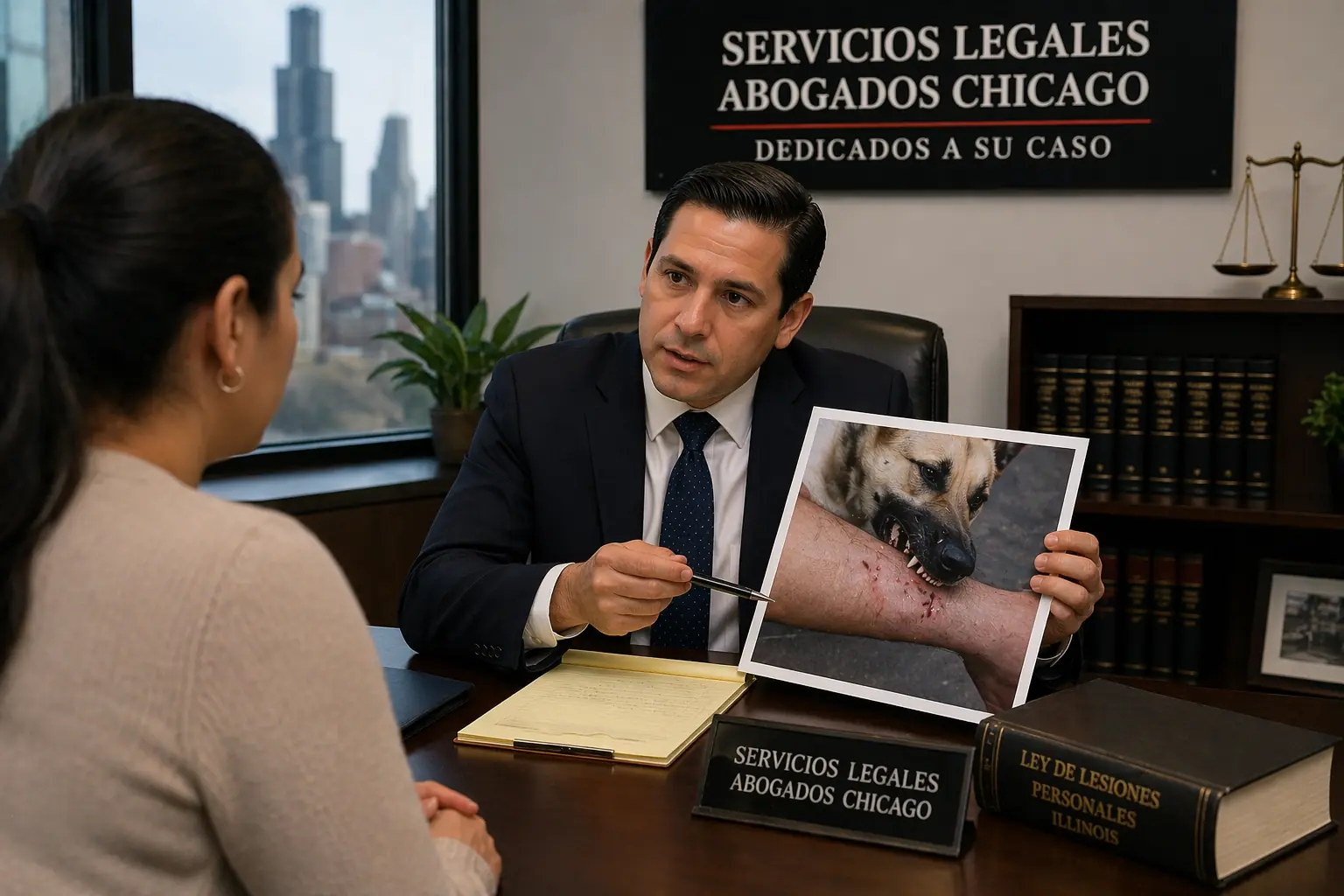 Abogado de mordedura de perro en Chicago revisando caso con cliente