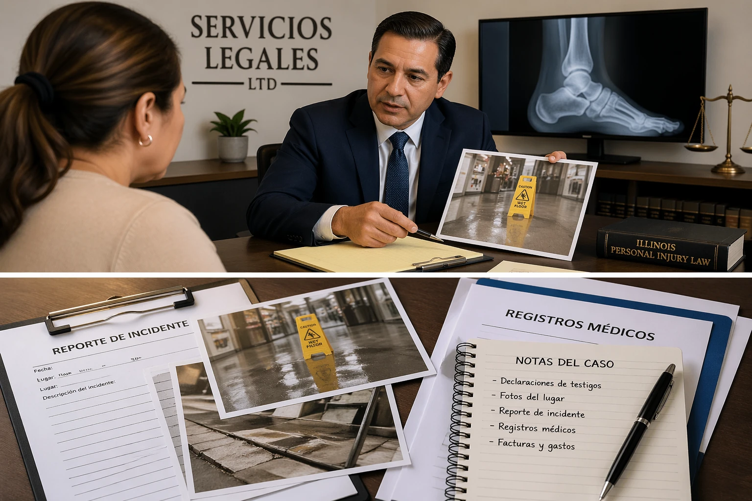 Abogados de caídas y resbalones en Chicago revisando evidencia de una lesión