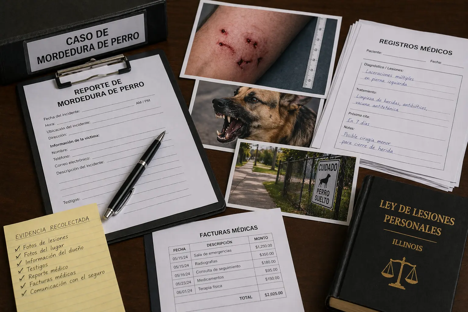 Evidencia de caso de mordedura de perro con documentos médicos y fotos