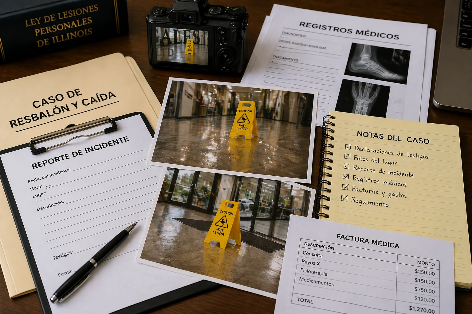 Evidencia de resbalón y caída en Chicago con fotos, reporte y documentos médicos